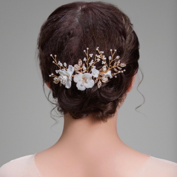 Pearl & Crystal Bridal Comb Floral Wedding Crystal Comb Bridal Headpiece Gold - Picture 1 of 3